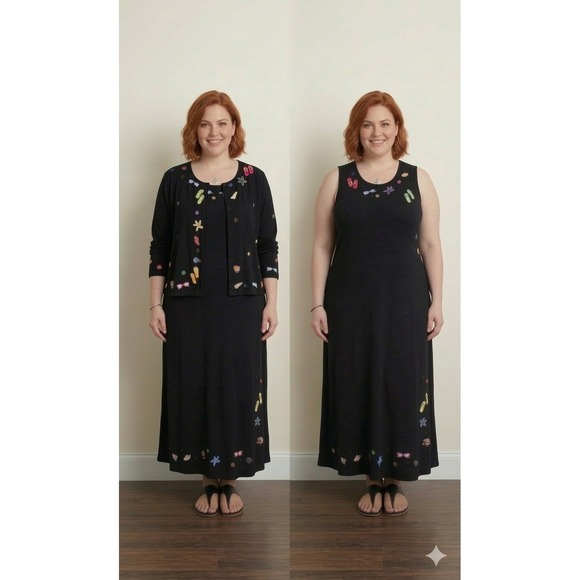 VTG Michael Simon Womens 2X Black Cotton Beach Embroidery Maxi Dress & Cardigan